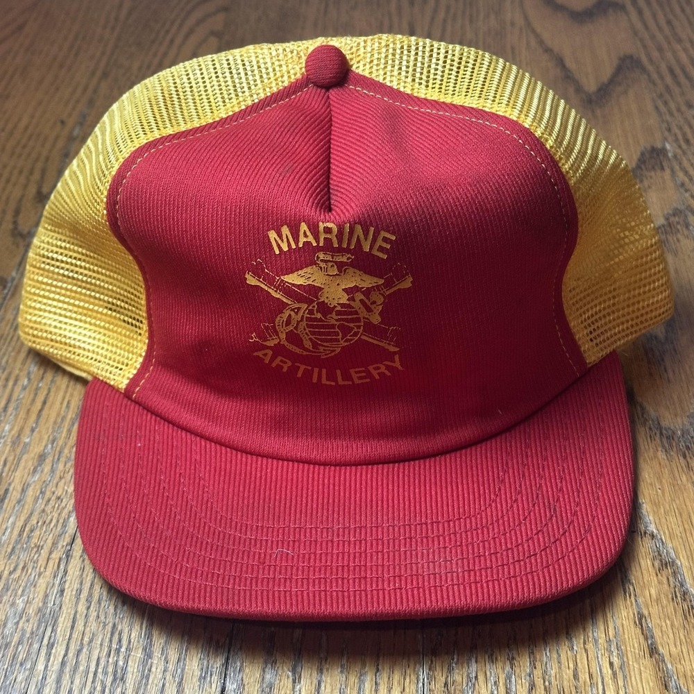 Vintage Marine Artillery Hat Cap Snap Back Red Yellow‎ Mesh Trucker Mens USA 80s